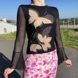 Bell-sleeve Butterfly Print Crop Mesh Top