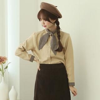 Bow-neck Plaid-trim Blouse Beige - One Size