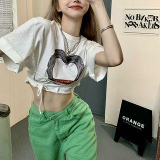 Short-sleeve Lettering Lace Up T-shirt White - One Size