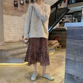 Long-sleeve Melange Sweater / Elbow-sleeve Floral Printed Dress