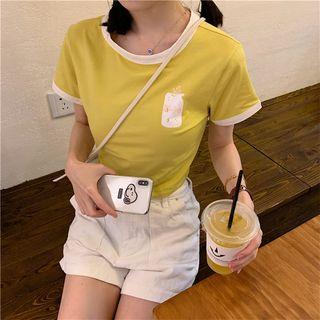Short-sleeve Contrast Trim Printed Cropped T-shirt