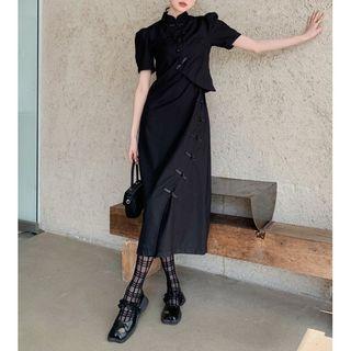 Elbow-sleeve Mock Two-piece Midi Sheath Qipao Dress