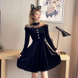 Long-sleeve Dot Mesh Panel Velvet Mini Dress