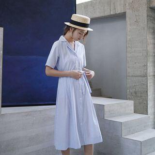 Short-sleeve Striped Tie-front Shirt Dress