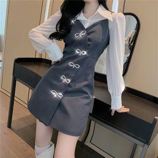 Plain Shirt / Ribbon Mini A-line Overall Dress