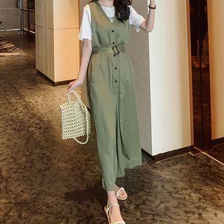 Set: Short-sleeve Lettering T-shirt + Button-up Midi Overall Dress