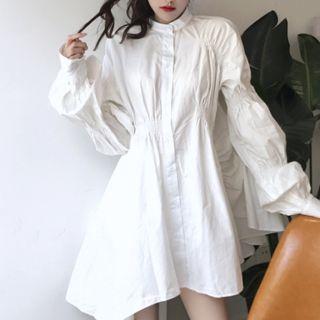 Long-sleeve A-line Shirt Dress White - One Size