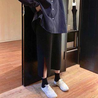 Side Slit Midi Knit Skirt Black - One Size