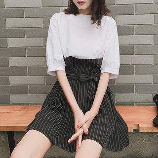 Mock Two-piece Short-sleeve Striped A-line Dress