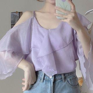 Asymmetric Cold-shoulder Ruffle Chiffon Top
