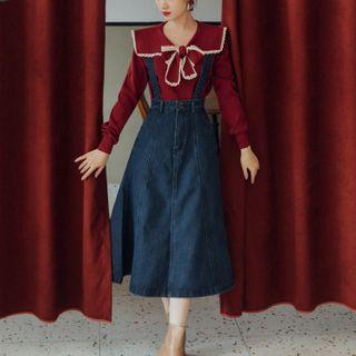 Set: Collared Knit Top + Denim Pinafore Dress