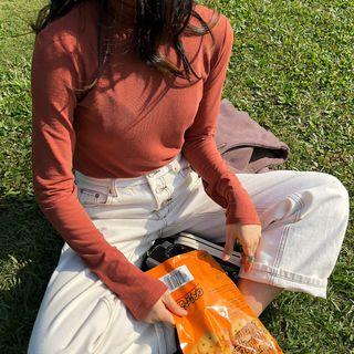 Plain Long-sleeve Top Tangerine - One Size