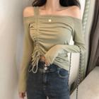 Off-shoulder Long-sleeve Drawstring T-shirt