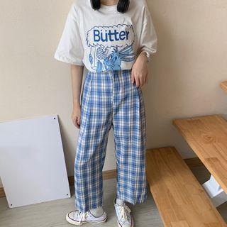Short-sleeve Cartoon Print T-shirt / Plaid Wide Leg Pants