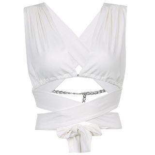 Plain V-neck Open Back Criss-cross Top White - One Size