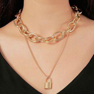 Alloy Padlock Pendant Chunky Chain Layered Necklace