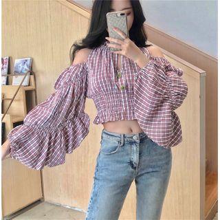 Cold Shoulder Plaid Blouse Pink - One Size