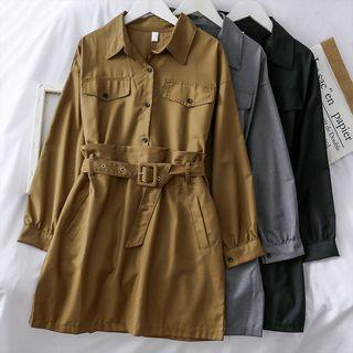 Mock Two-piece Mini Shirtdress With Belt