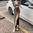 Short-sleeve V-neck Drawstring Slit Dress