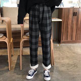 Plaid Fleece-lined Straight-cut Pants Plaid - Black - One Size