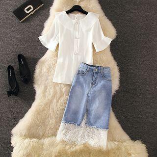 Elbow-sleeve Top / Paneled Denim Skirt / Set