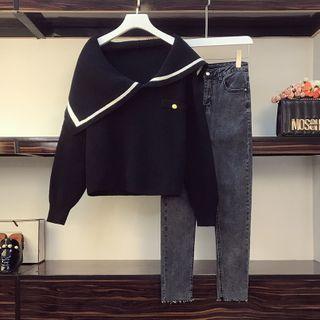 Contrast Trim Asymmetric Panel Sweater / Skinny Jeans / Set