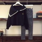 Contrast Trim Asymmetric Panel Sweater / Skinny Jeans / Set