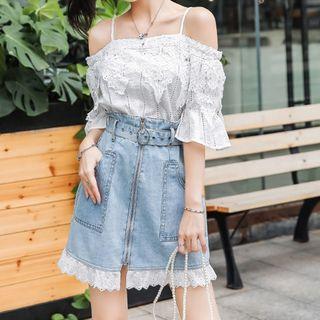 Set: Lace Trim Cold Shoulder Blouse + Zip Detail Denim Skirt
