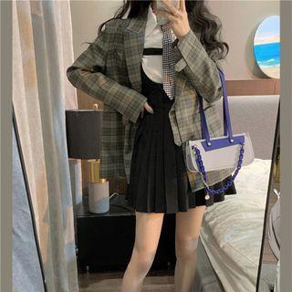 Plaid Blazer / Pleated Mini A-line Overall Dress / Ruffle Trim Blouse