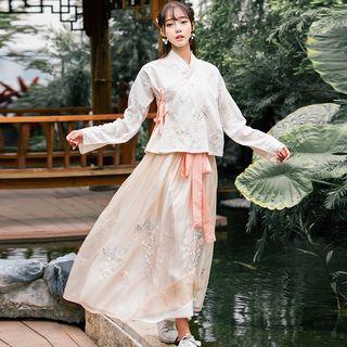 Set: Long-sleeve Hanfu Top + Maxi A-line Skirt