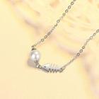 925 Sterling Silver Fish Bone Faux Pearl Pendant Necklace Silver - One Size