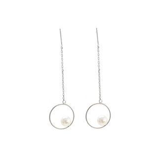 Sterling Silver Simple Fashion Geometric Round Freshwater Pearl Tassel Earrings Silver - One Size