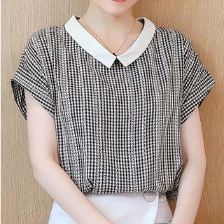 Contrast Collar Gingham Short-sleeve Top