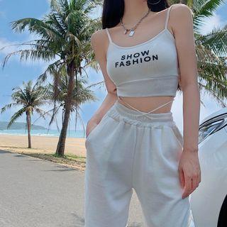 Lettering Camisole Top / High-waist Loose-fit Ripped Pants