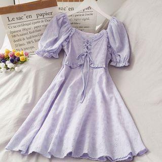 Eyelet Wide-neck Lace-up A-line Dress