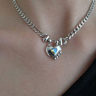 Heart Rhinestone Pendant Alloy Necklace Xl1441 - Silver - One Size
