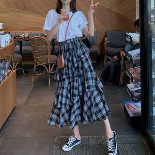 Plaid Layered Midi A-line Skirt / Short-sleeve T-shirt