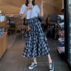 Plaid Layered Midi A-line Skirt / Short-sleeve T-shirt