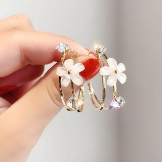 Rhinestone Flower Open Hoop Earring 1 Pair - E2078 - Hoop Earring - Silver - Flower - One Size
