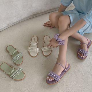 Faux Pearl Frill Trim Flat Sandals