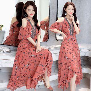 Floral Print Cut Out Shoulder Elbow Sleeve Maxi Dress