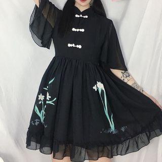 Flower Print Frog-button Elbow-sleeve A-line Dress