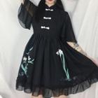 Flower Print Frog-button Elbow-sleeve A-line Dress