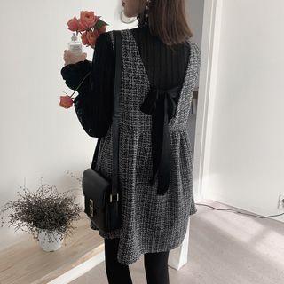 Long-sleeve Lace Blouse / Sleeveless Plaid Mini A-line Dress