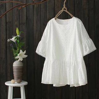 Crew-neck Embroidered Elbow-sleeve Top