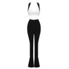 Set: Two-tone Crop Camisole Top + High Waist Slit Straight Leg Pants