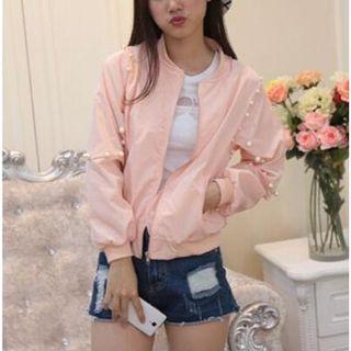Faux Pearl Accent Bomber Jacket