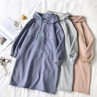 Lettering Embroidered Midi Fleece Hooded Dress