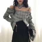 Cold-shoulder Bell-sleeve Plaid Blouse Plaid - Black & Gray - One Size