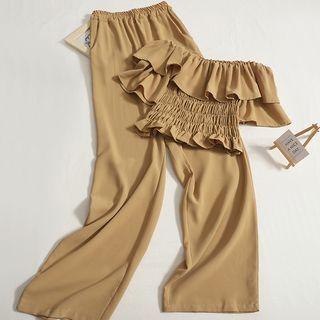 Set: Short-sleeve Off-shoulder Cropped Blouse + Wide Leg Pants